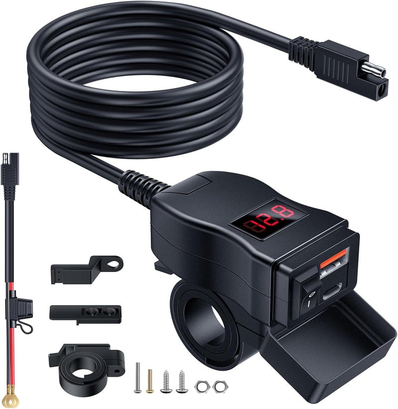 EXTRACTME Motorcycle USB Charger, Dual USB Type C PD & Quick Charge 3.0 Motorcycle Phone Charger with Voltmeter & ON/Off Switch, Waterproof Motorcycle Accessories for All Phone, Tablet, GPS - Image 1